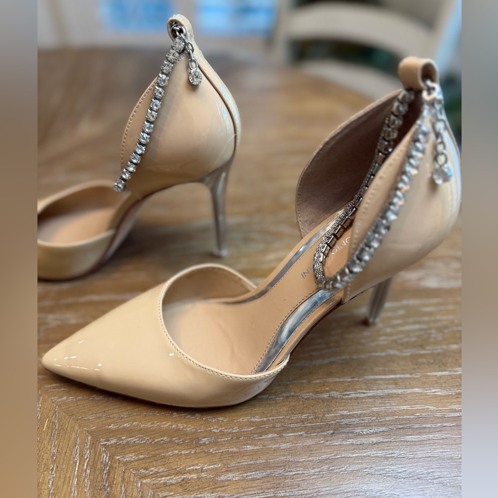 Antonio Melani Elegant Beige Stiletto Heels with rhinestone ankle Detail